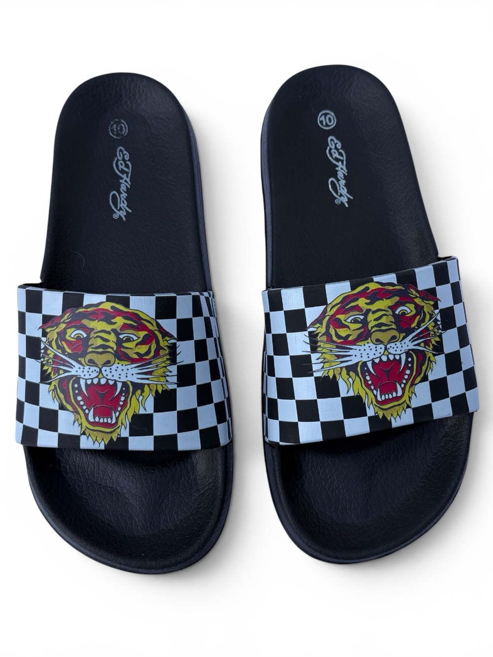 ED HARDY SLIDE-ON BLACK & WHITE CHECKERED W/ TIGER Size 10